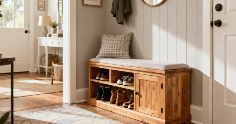 Wooden entryway bench with storage in bright modern hallway