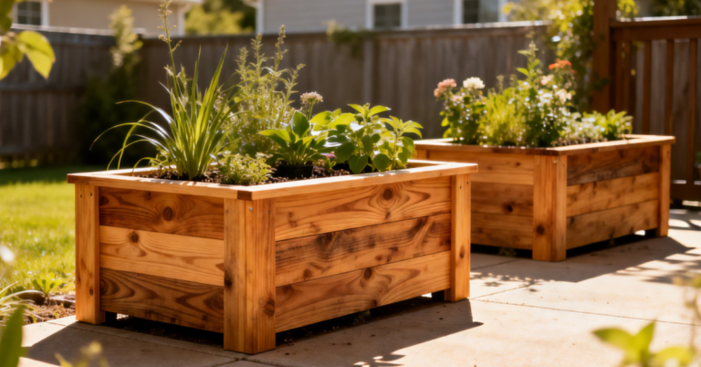 Cedar wooden planter box with flowers on backyard patio