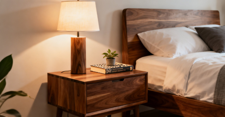 Modern wooden bedside table with lamp in cozy bedroom