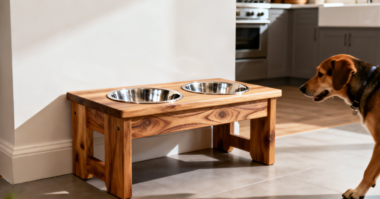 Elevated wooden dog feeding station with stainless steel bowls