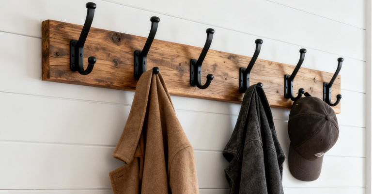 Wall mounted wooden coat rack with hooks in entryway