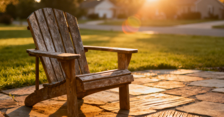 Wooden Adirondack chair on sunny backyard patio