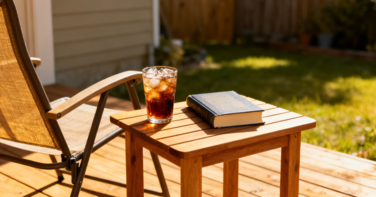 Small wooden outdoor side table on patio deck