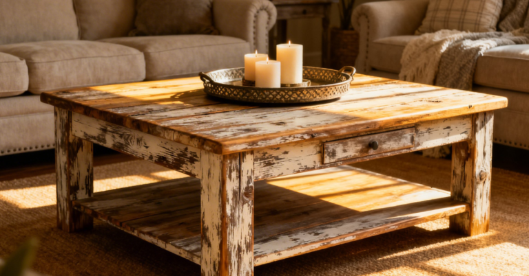 Rustic farmhouse wooden coffee table in living room