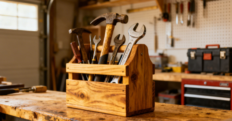 Handmade wooden tool caddy on workshop bench