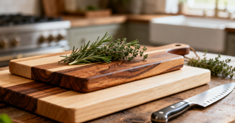 Handmade wooden cutting boards with maple and walnut wood grain on kitchen counter