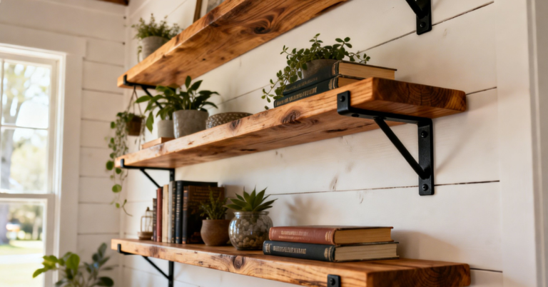 Rustic floating wooden shelves in modern farmhouse home interior with natural wood finish